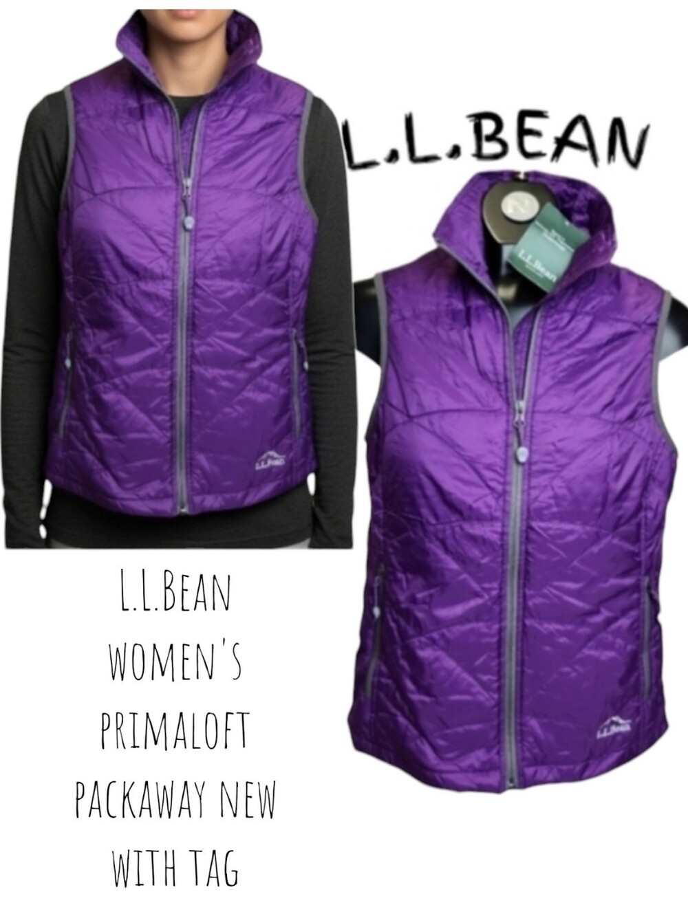 L.L.Bean Women's primaloft packaway lightweight diamond quilted vest purple xs